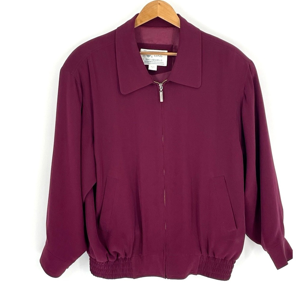 Ling Suzhou Lingyun Clothing Co 100% Silk Bomber Jacket Small Maroon Relaxed Fit